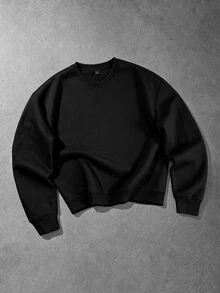 Manfinity Roghcode 男士 3D 紋理刺繡愛心圖案圓領長袖套頭衛衣，街頭風，假日海灘黑紅配色秋季款 - 黑色 - 查看 3