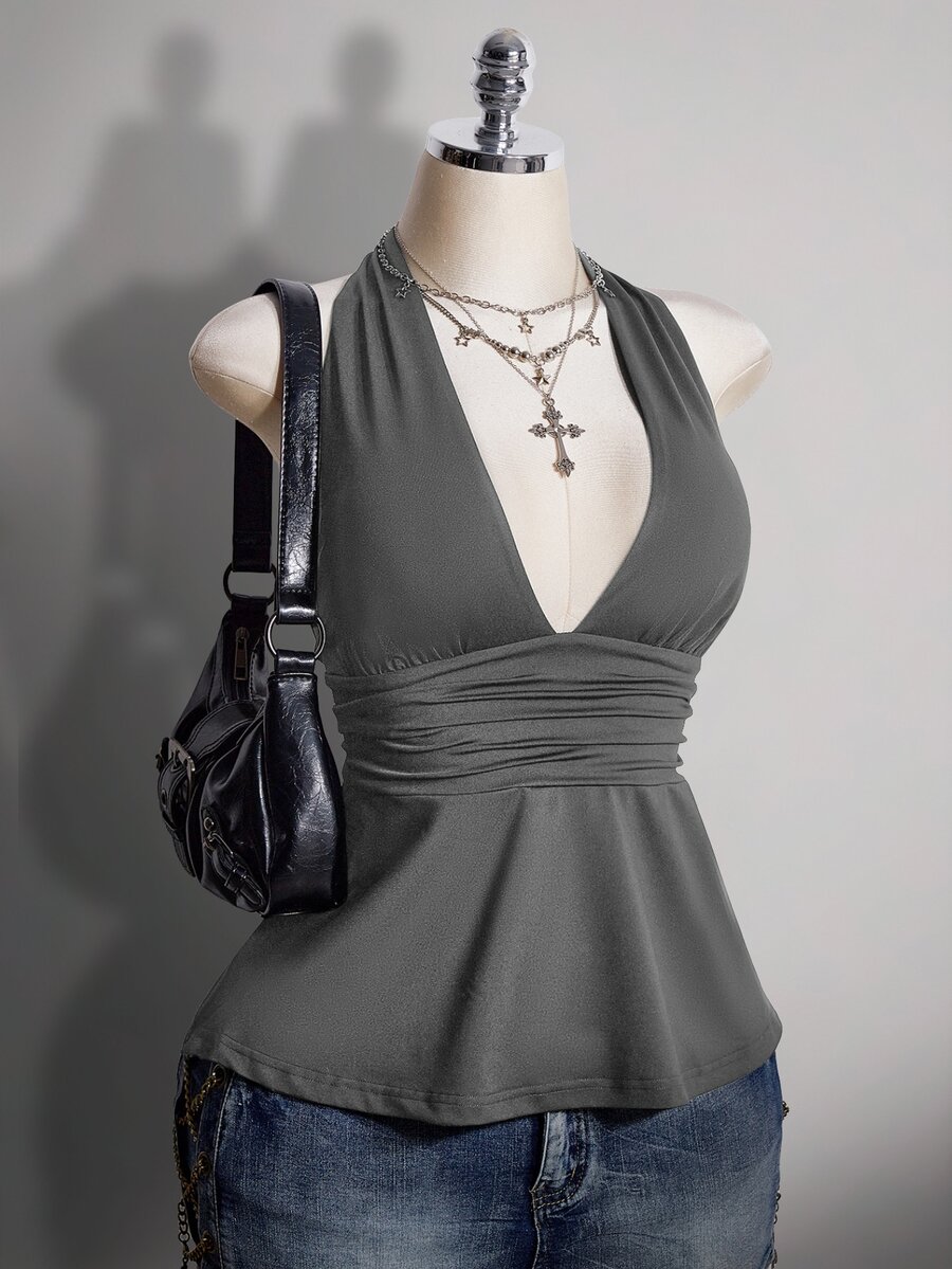 SHEIN ICON 大尺碼掛脖深V領收腰A字露背灰色背心，復古性感優雅Y2K娃娃裝，適合外出夜店夏季穿搭 - 灰色 - 查看 1