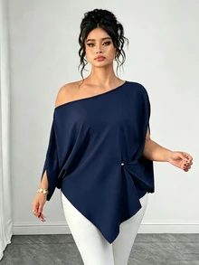 Elenzga بلوزة مقاس كبير مثيرة وأنيقة بحافة غير متماثلة وكتف غير متماثل - أزرق بحري - مشاهدة 3