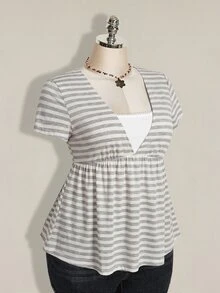 SHEIN ICON 女款大尺碼蕾絲拼接條紋假兩件式T恤 - 淺灰色 - 查看 7