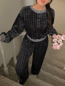 DAZY Women's Plaid Long Sleeve Top And Pants Casual Daily Home Pajama Set - Blue - View 14