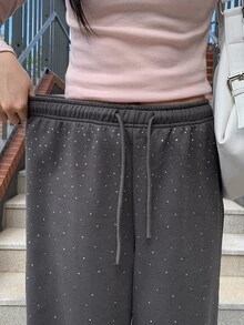 DAZY Solid Color Loose Rhinestone Thermal Lined Thick Elastic Waist Casual Street Style Korean Autumn/Winter Wide Leg Pants For Women - Grey - View 6