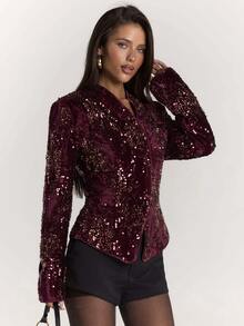 SHEIN BAE Blazer Pesta Elegan Wanita Lengan Panjang Berpayet dengan Desain Tumpang Tindih dan Pinggang yang Diikat - Burgundy - View 6