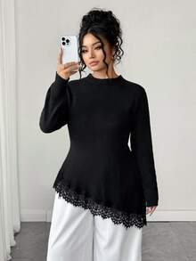 Elenzga Áo len chui đầu ôm dáng cổ tròn màu đen, tay dài, gấu không đối xứng, phối ren, xẻ tà, tôn dáng - màu đen - Xem 5