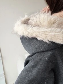 FRIFUL Women's Plush Patchwork Zip-Up Hoodie & Long Casual Daily Two Pieces Set - Grey - View 4