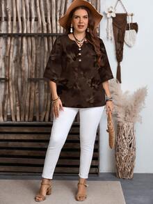 Mellowie Brown Tie-Dye Floral Casual Minimalist Plus Size Shirt, Suitable For Spring And Autumn Wear - Multicolor - View 3