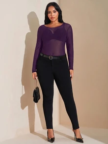 SHEIN Tall CURVE Women's Plus Size Mesh Perspective Long Sleeve Top - Purple - View 6