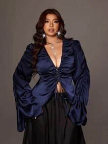 Viva Relle Plus-Size Sexy Bow Navy Blue Shirt - Navy Blue - View 4