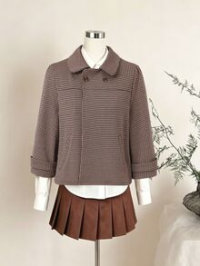 Sweetra Women's French Vintage Small Plaid Peter Pan Collar Short Cape Coat Loose Fit 3/4 Sleeve Double Button Jacket - Multicolor - View 1