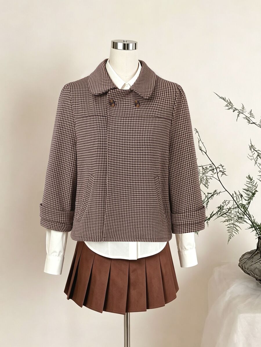 Sweetra Women's French Vintage Small Plaid Peter Pan Collar Short Cape Coat Loose Fit 3/4 Sleeve Double Button Jacket - Multicolor - View 1