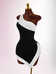 Amplova Women's Cold Shoulder Two-Tone Asymmetrical Hem Sweater Dress - Black and White - View 2