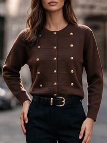 EMERY ROSE Round Neck Vintage Striped Metal Button Knit Cardigan Sweater Jacket Winter - Coffee Brown - View 5