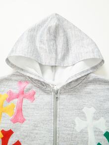 SHEIN 青少年男孩對比色十字裝飾前拉鍊雙口袋休閒日常百搭長袖運動衫外套 - 灰色 - 查看 3