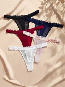 Charlaine French Romantic Lace Contrast Mesh Thong Panties Set Of 5 - Multicolor - View 5