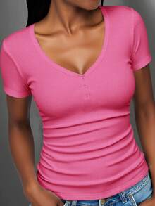 Slaydiva 2025新款春夏秋冬休閒基礎百搭白色V領短袖側褶修身女款T恤，適合日常通勤、返校、畢業季、派對聚會、休閒穿搭、畢業造型、早午餐造型、機場造型，基礎百搭 - 珊瑚粉 - 查看 6