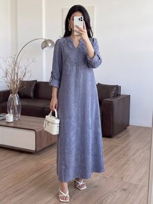 Solavon Women's French Lace Long Sleeve Arabian Dress - Blue - View 3