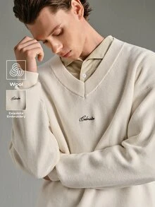 Calmiston 男士街頭休閒刺繡長袖針織衫 百搭款 - 白色 - 查看 1