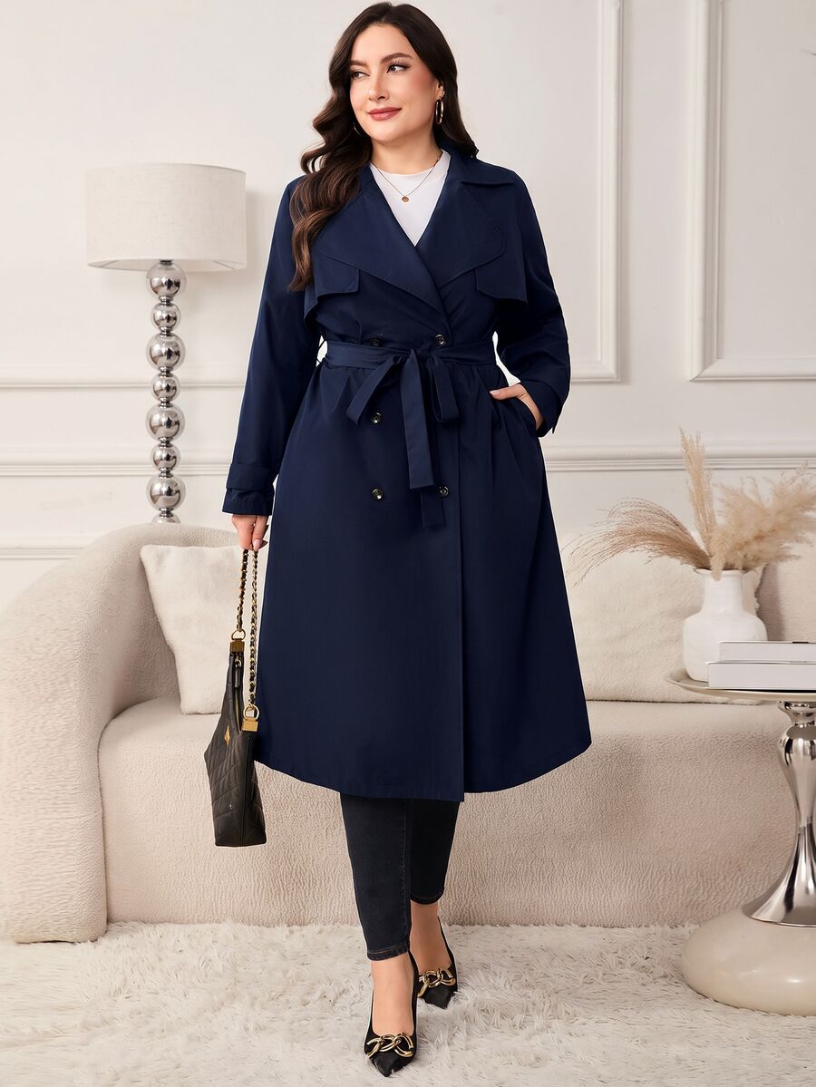 Reflora Plus Size Women Long Lapel Trench Coat Jacket Fall - Navy Blue - View 1
