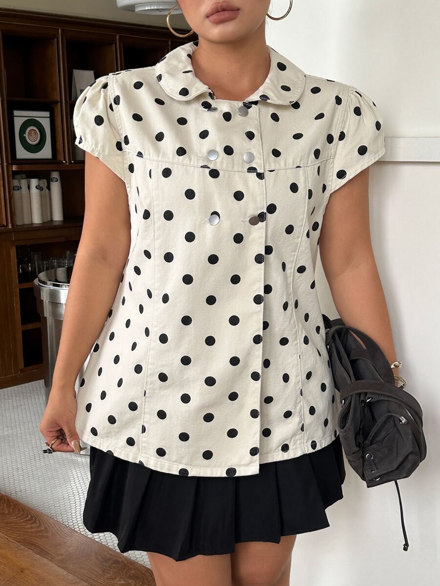 Rivivi Summer New Printed Polka Dot Peter Pan Collar Plus Size Denim Jacket - Multicolor - View 1