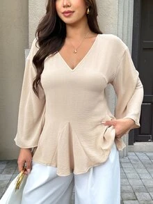 Easura Plus Size Women Gentle Minimalist Loose V-Neck Blouse, Flared Umbrella Hem Design, Commute & Home Wear Plus Size Shirt - Apricot - View 5