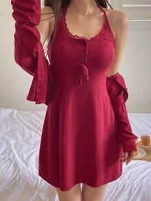 DAZY Enfärgat pyjamasset med camisoleklänning och morgonrock med spetskant - Bourgogne - Visa 9