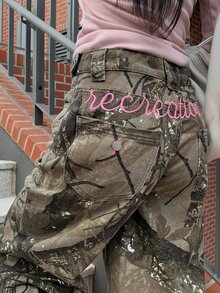 DAZY Women's Loose Wide Leg Jeans With All-Over Floral Print, Army Green Letter Embroidery, Casual Streetwear Korean Style For Spring And Autumn - Green - View 6