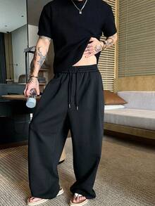 DAZY Spring/Autumn Loose Brown Elastic Waist Pleated Design Men's Sweatpants - Black - View 5