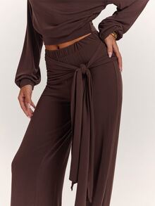 SHEIN BAE Fall Clothes For Women Sexy Asymmetrical Shoulder Top & Tie Waist Long Pants Brown Two Pieces Set Elegant Set Casual Set - Brown - View 7