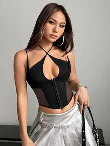 SHEIN ICON 鉤扣式網紗拼接短版細肩帶黑色束腰上衣 - 黑色 - 查看 3