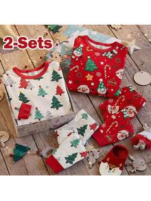 Loomiva Baby Boy Snug Fit Pajama Set, Christmas Pattern Christmas Tree Santa Claus Gingerbread Man Red Color Scheme Crew Neck Long Sleeve Pullover Top & Fitted Pants 2-Piece Set - Grey - View 1