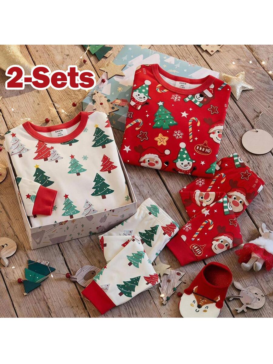 Loomiva Baby Boy Snug Fit Pajama Set, Christmas Pattern Christmas Tree Santa Claus Gingerbread Man Red Color Scheme Crew Neck Long Sleeve Pullover Top & Fitted Pants 2-Piece Set - Grey - View 1