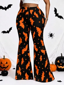 Whyspr Plus Size Women Halloween Element All Over Print Slim Fit Pants - Black - View 1