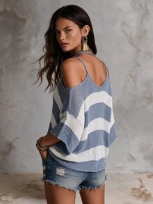 SHEIN Clasi Plus Size Striped Colorblock Cold Shoulder Fashion Knit Top - Baby Blue - View 2
