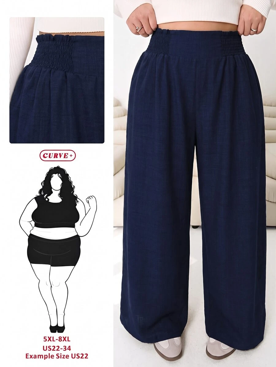 SHEIN CURVE+ 大尺碼女款素色百褶休閒百搭日常穿著長褲 - 藏蓝色 - 查看 1