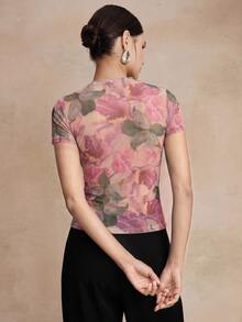 Anewsta Essential Spring Summer New Elegant Fashion Casual Outdoor Professional Holiday Date Vacation Print Elastic Mesh Women Blouse - Pink - View 7
