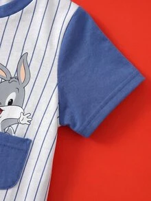 LOONEY TUNES X SHEIN Baby Boy Cartoon Pattern Striped Casual Daily Short Sleeve Romper - Blue - View 6