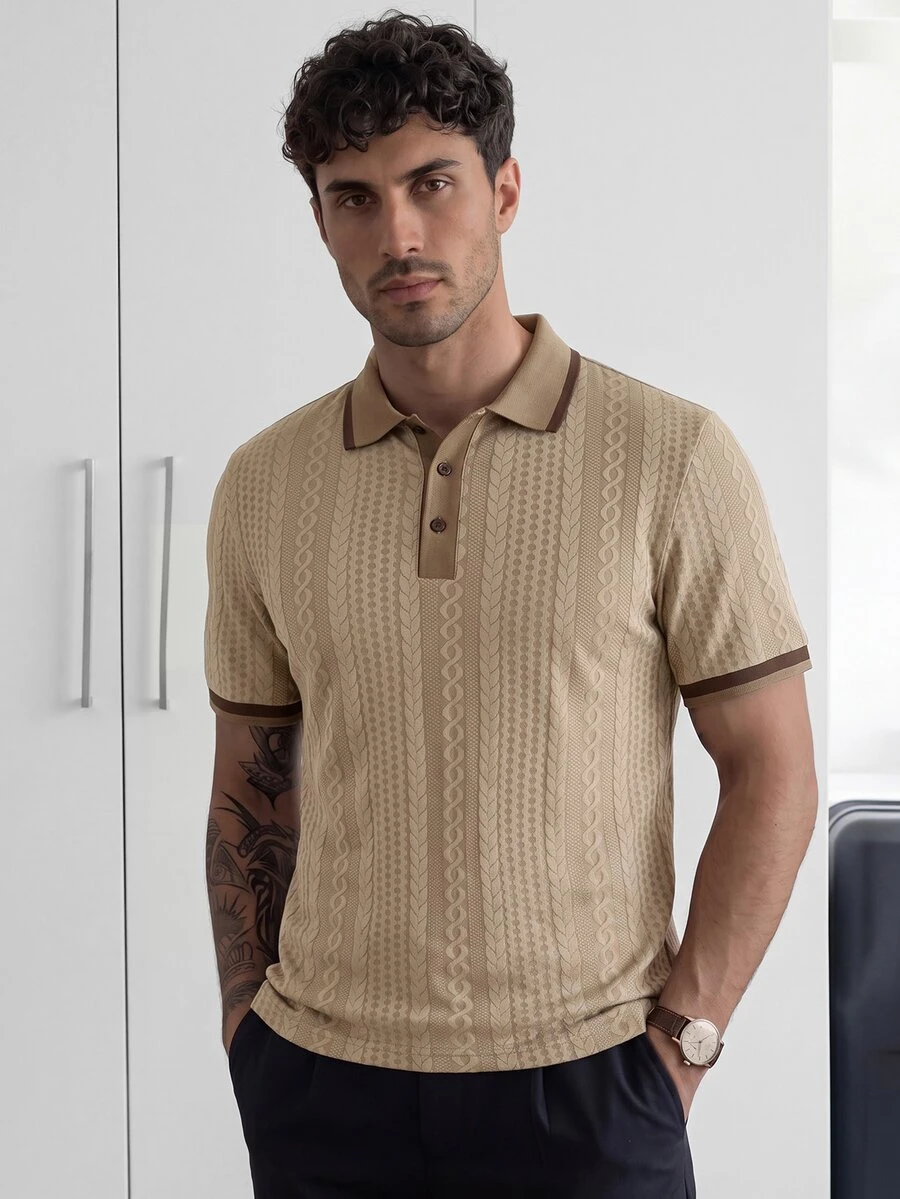 HUEFORM 2026 Spring Summer Big & Tall Men's Short Sleeve Polo Shirt, Khaki Brown Cable Jacquard Textured Kni - Khaki - View 1