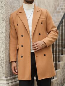 Manfinity Mode Men's Solid Color, Button-Down, Long-Sleeved Black Overcoat, Autumn/Winter Style. - Khaki - View 5