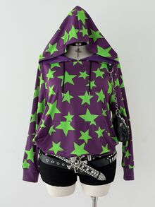 Sunspun 大尺碼滿版星星印花袋鼠口袋抽繩運動衫 秋季款 - 紫色 - 查看 1
