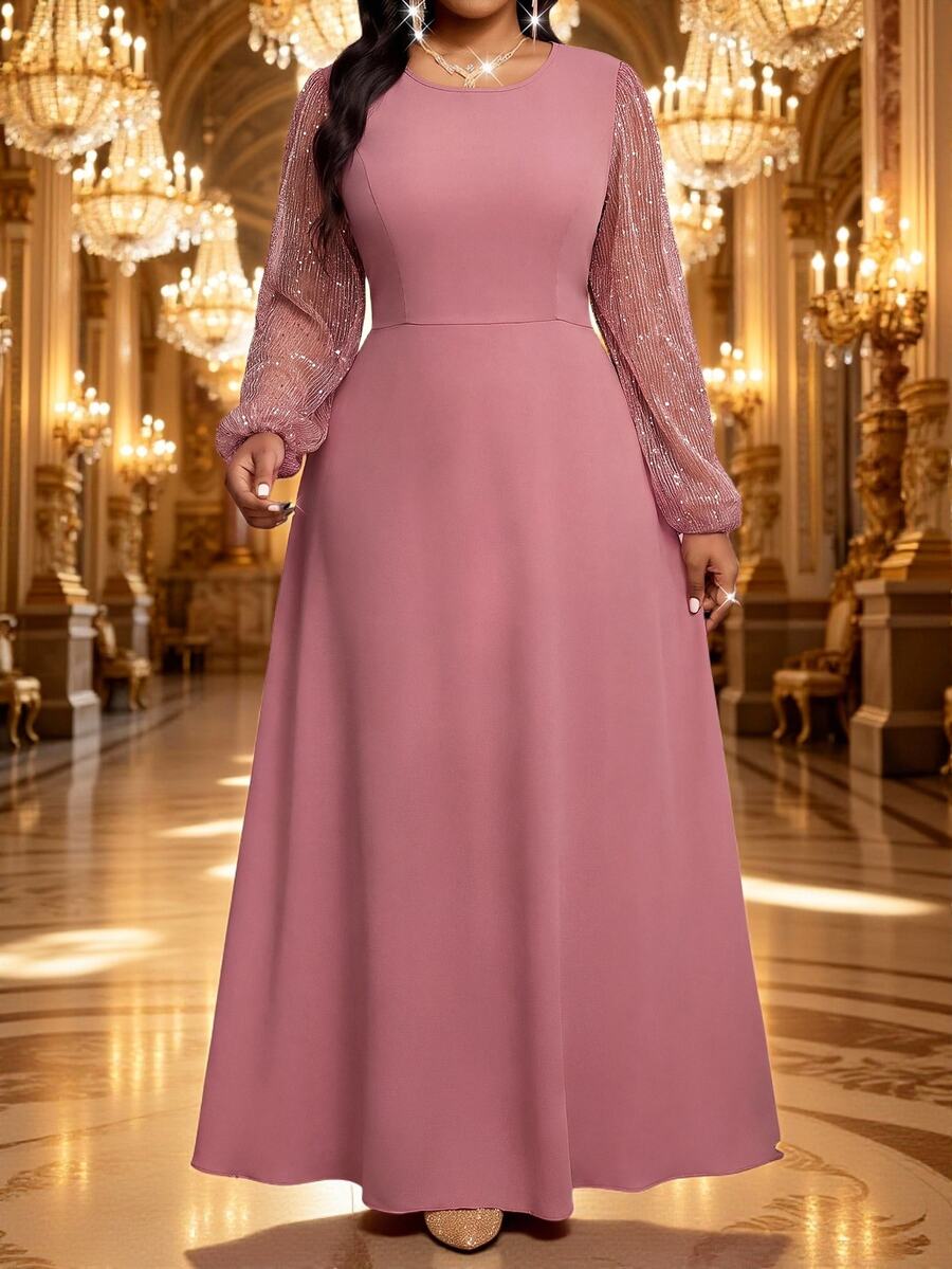 Fleurora Plus Size Long Sleeve A Line Dress Bishop Sleeve - Dusty Pink - View 1