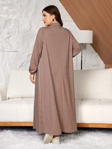 Lacomfia Women's Long Sleeve Trim Loose Casual Daily Versatile Plus Size Long Sweatshirt - Khaki - View 2