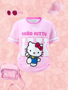 HELLO KITTY AND FRIENDS | SHEIN Kaos Lengan Pendek Kasual Harian untuk Anak Perempuan Tween dengan Cetak Kartun Huruf - Berwarna merah muda - View 3