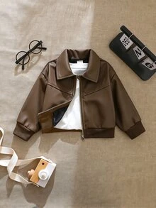 SHEIN 女嬰棕色PU皮革夾克，幼兒時尚拉鍊飛行員外套，配羅紋飾邊與翻領，適合嬰兒的酷秋季外套 - 咖啡棕 - 查看 5