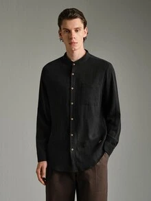 Calmiston Men's Minimalist Versatile Pocket Single-Breasted Long Sleeve Shirt Festival Festival Pull, Sweaters カーディガン - Black - View 5