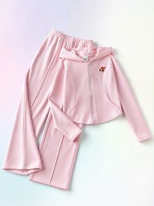 THE POWERPUFF GIRLS X SHEIN 兒童青少年女孩 2件組純色粉色抽繩連帽上衣與寬腿長褲套裝，休閒風格，適合春季/秋季日常穿著 - 粉色 - 查看 9