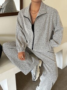 Dazy Plus Plus Size Casual Street Textured Colorblock Zip-Up Jacket & Button Long Pants Vacation Two Pieces Set - Light Grey - View 4