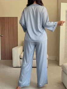 Dazy Plus Casual Minimalist Asymmetric Front Tie Top & Pants 2pcs Set Home Wear Elegant Pajama Outfit - Blue - View 3