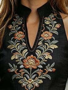 SHEIN Women's Spring Summer New V-Neck Small Stand Collar Fitted Sleeveless Exquisite Positioned Floral Print Pattern Casual Elegant Street Design Tank Top - Black - View 3