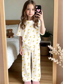 女童復古甜美檸檬印花休閒簡約修身圓領短袖長褲家居服，適合夏季，韓系風格，舒適隨性，時尚兒童服飾，Y2K，可愛，派對、日常、度假適用 - 彩色 - 查看 2
