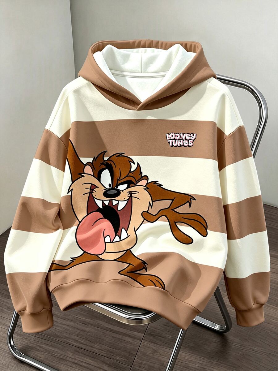 LOONEY TUNES X SHEIN Daypath 男士條紋卡通印花長袖連帽衛衣 - 棕色 - 查看 1